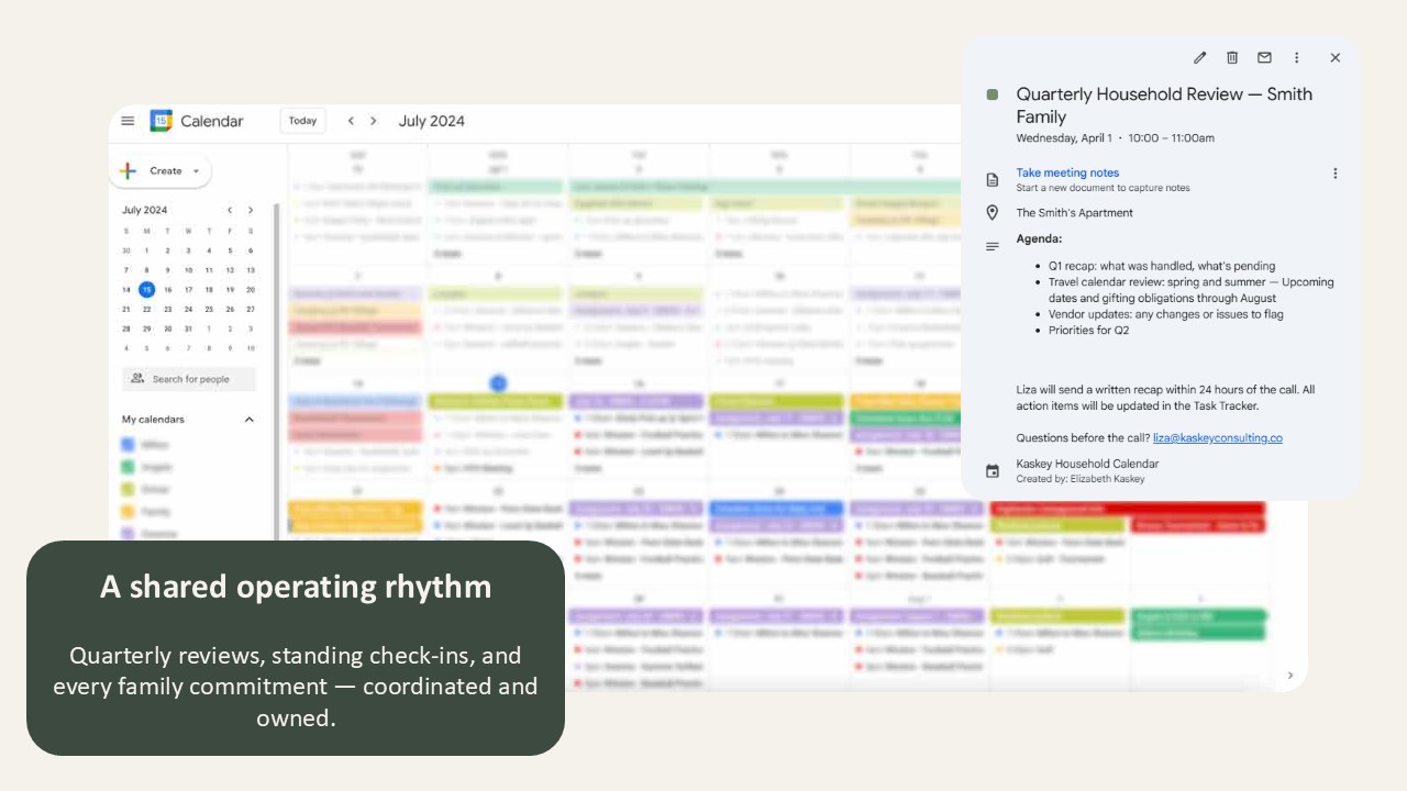 Calendar — quarterly reviews and family commitments